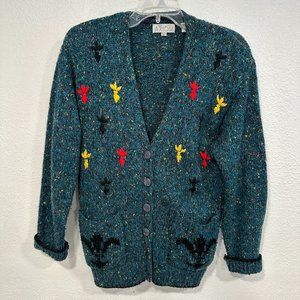 Vintage 80s Axiom V-Neck Cardigan Thick Sweater Teal MultiColor Pockets Sz Small